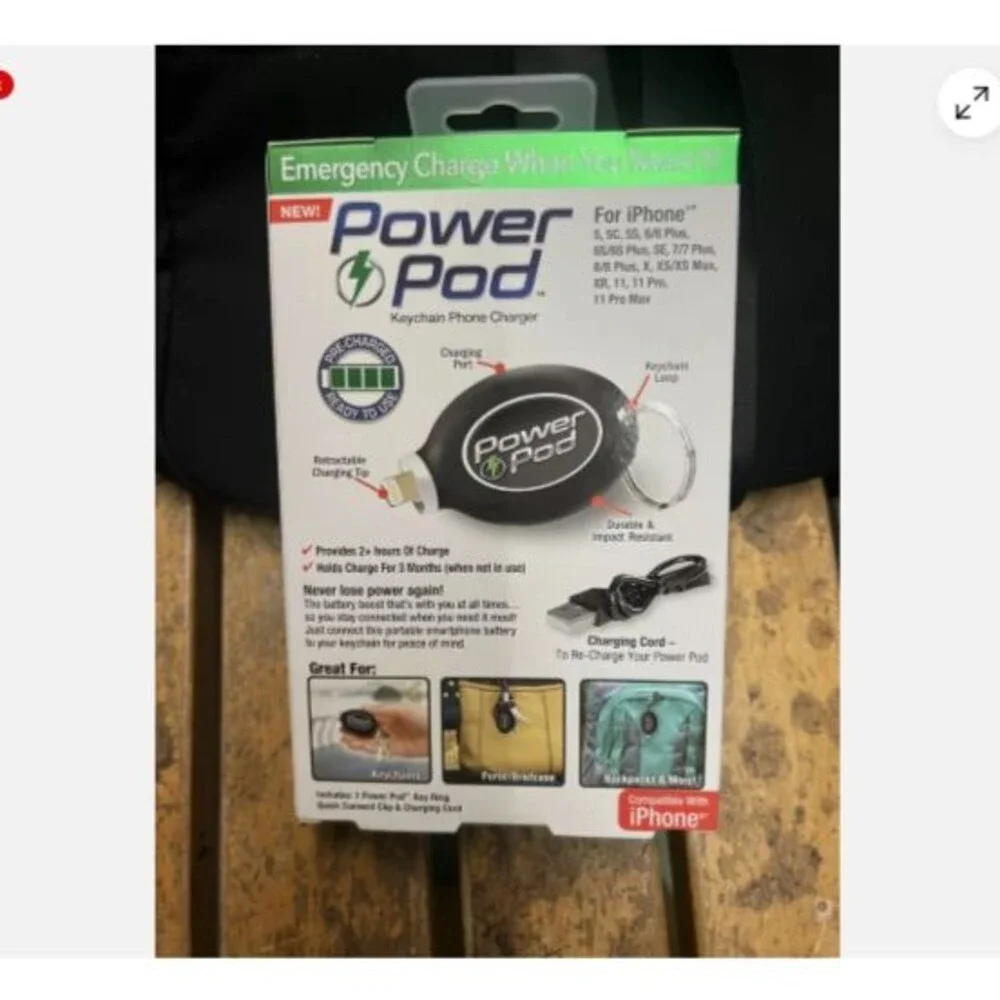 New Power Pod Keychain Emergency Phone Charger 2+ Hours of Charge FOR IPHONE